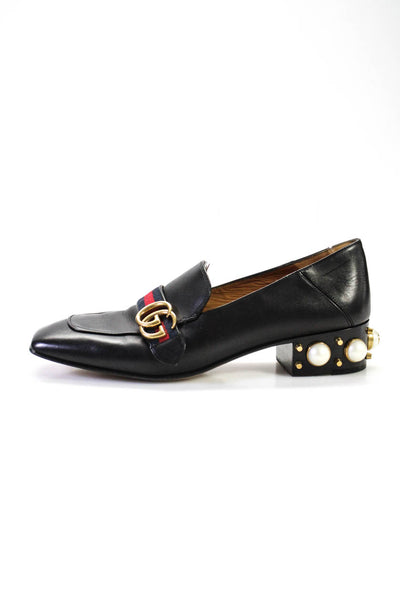 Gucci Women's Square Toe Pearl Studded Heeled Logo Strap Loafers Black Size 41.5