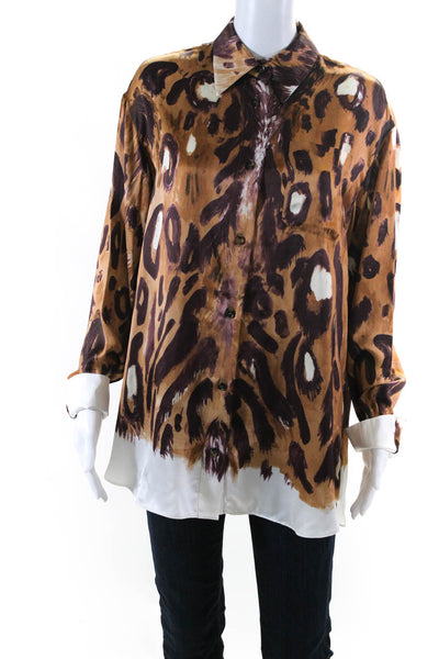 Marni Womens Wild Bunch Satin Button Down Blouse Abstract Print Brown Size IT 40