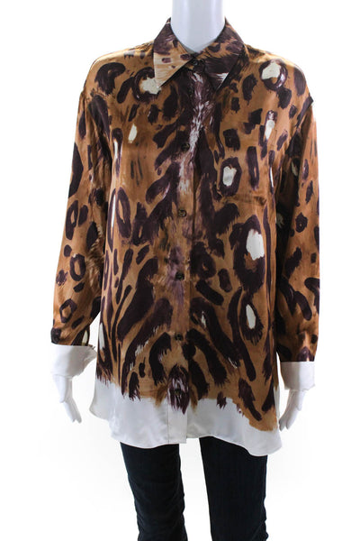Marni Womens Wild Bunch Satin Button Down Blouse Abstract Print Brown Size IT 38