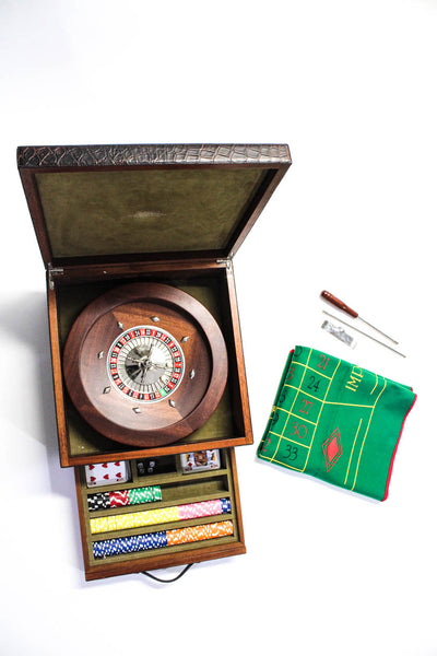 Tardini Unisex Adults Alligator Leather Roulette Spinning Wheel Game Set Brown