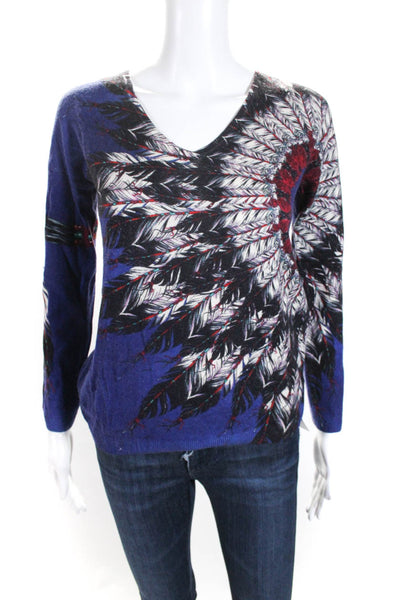 Ultra Chic Womens Limited Edition 99 V Neck Feather Sweater Blue Wool Size Small