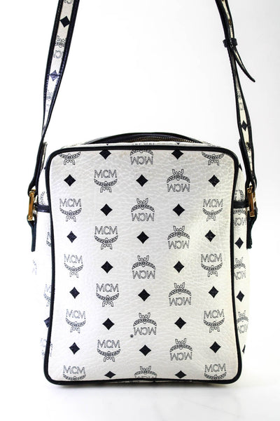 MCM Womens Leather Monogram Crossbody Handbag White Navy Small