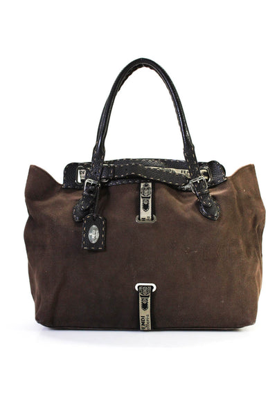 Fendi Womens Double Handle Logo Strap Canvas Tote Handbag Brown