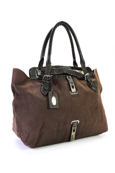 Fendi Womens Double Handle Logo Strap Canvas Tote Handbag Brown