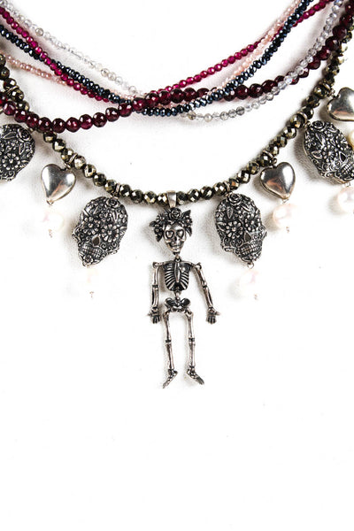 Designer Womens Sterling Silver Skull Charm Pearl Multi Strand Necklace