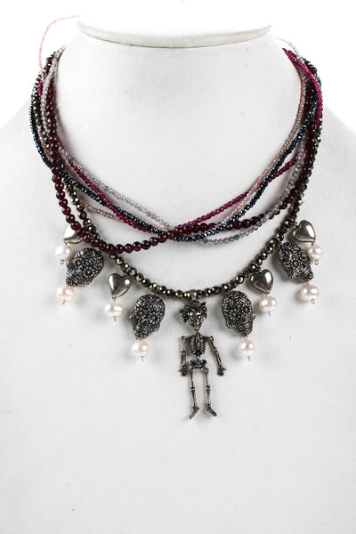Designer Womens Sterling Silver Skull Charm Pearl Multi Strand Necklace