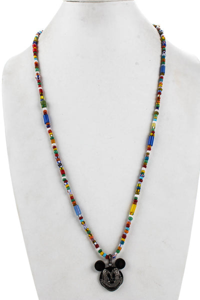 Designer Womens Silver Tone Multicolored Beaded Diamond Pave Pendant Necklace