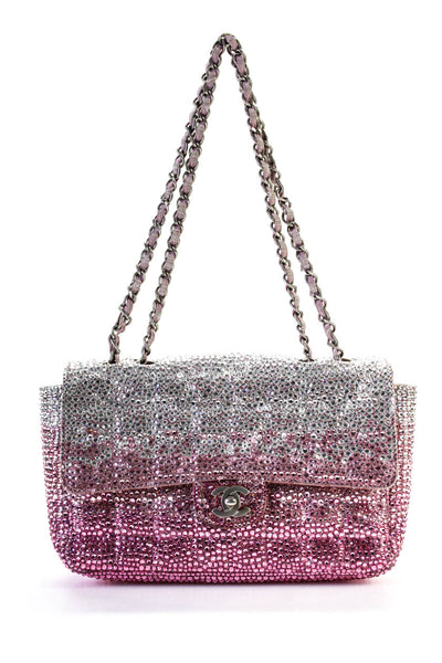 Chanel Womens Crystal Chain Strap Quilted Flap Over Shoulder Bag Pink Handbag