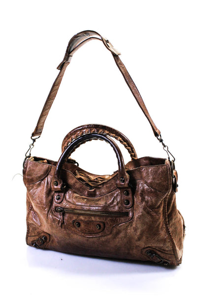 Balenciaga Paris Womens Gold Tone Zip Top Solid Leather Tote Handbag Brown