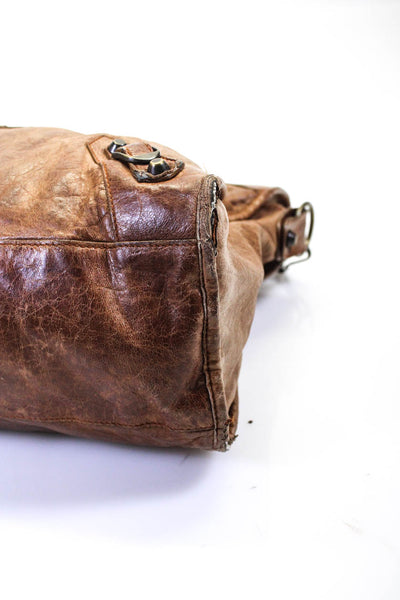 Balenciaga Paris Womens Gold Tone Zip Top Solid Leather Tote Handbag Brown