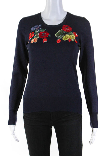 Erdem Womens Silk Floral Embroidered Crew Neck Sweater Navy Blue Size Small