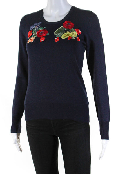 Erdem Womens Silk Floral Embroidered Crew Neck Sweater Navy Blue Size Small