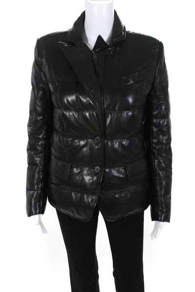 Tom Ford Womens Black Collard Full Zip Long Sleeve Puffer Leather Coat Size 36