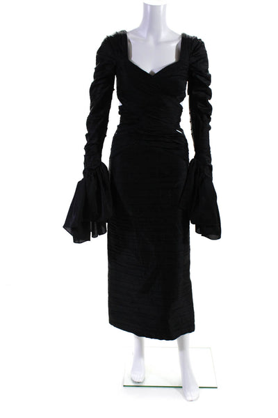Sandra Mansour Womens Draped Midi Dress with Accent Sleeves Cutouts   DR17 Black