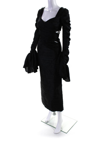Sandra Mansour Womens Draped Midi Dress with Accent Sleeves Cutouts   DR17 Black
