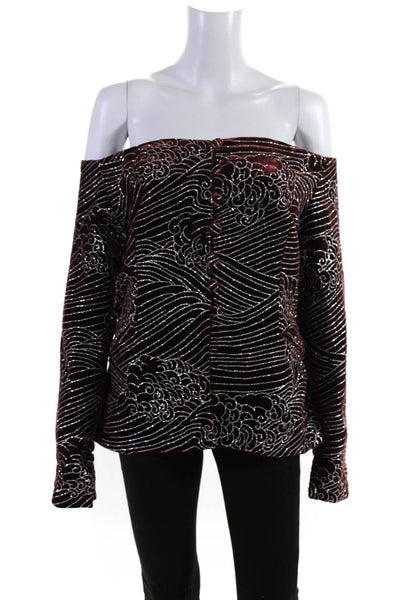 Sandra Mansour Womens Off Shoulder Glittered Velvet Jacket  Burgundy  Size 38