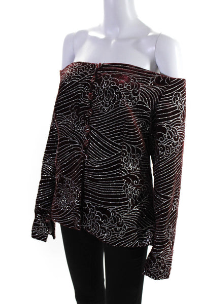 Sandra Mansour Womens Off Shoulder Glittered Velvet Jacket  Burgundy  Size 38