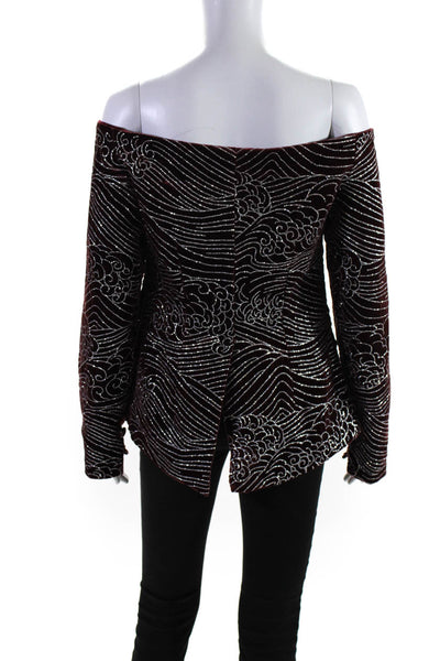 Sandra Mansour Womens Off Shoulder Glittered Velvet Jacket  Burgundy  Size 38