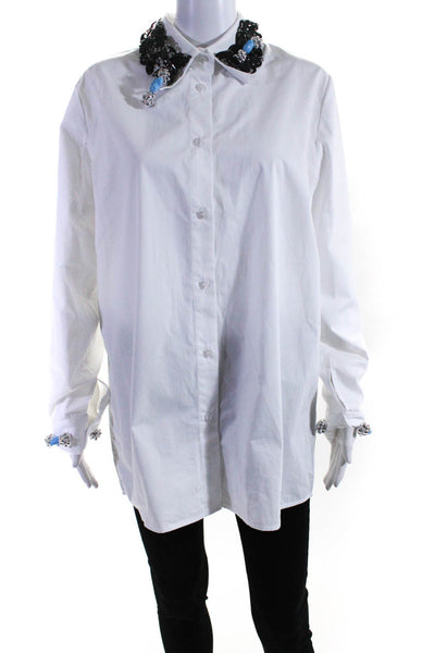 YUE QI QI Womens Laser Cut Beaded Shirt  WHITE  Size L