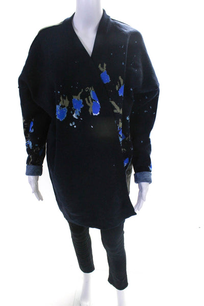 Rohka Womens Fine Lambswool 6 Yarn Jacquard Long Full Cardigan  Navy  Size M/L