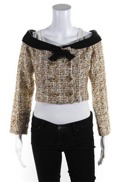 Giambattista Valli Womens Off Shoulder Cropped Tweed Jacket  Gold  Size 42