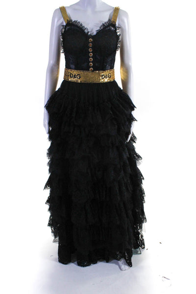 Dolce & Gabbana Womens Tiered Lace Sequin Embellished Gown Black Gold Size 2