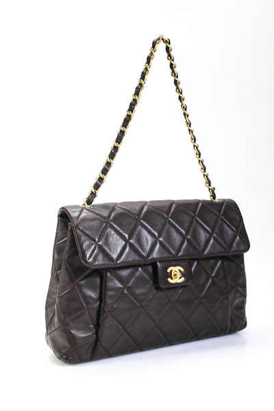 Chanel Womens Quilted Leather CC Turnlock Flap Tote Handbag Dark Brown