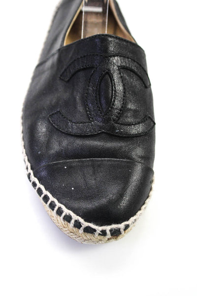 Chanel Women's Leather Espadrilles Logo Flats Shoes Black Size 37