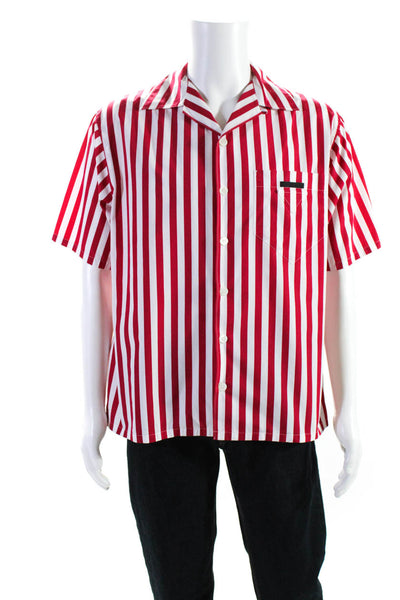Prada Mens Button Front Short Sleeve Vertical Stripe Shirt Pink White Size Large