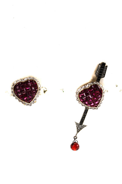 Designer Womens 18kt Yellow Gold Ruby Diamond Heart Arrow Earrings