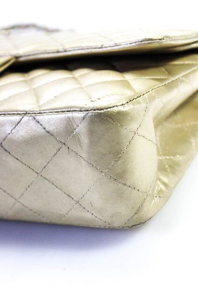 Chanel Womens Silver Tone Logo Quilted Double Flap Metallic Crossbody Handbag Be