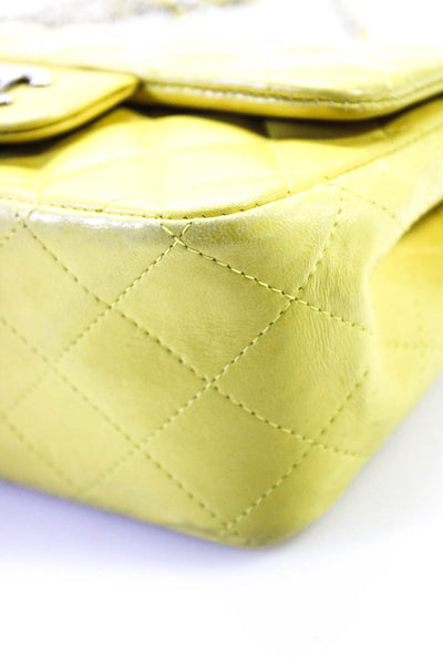 Chanel Womens Silver Tone Logo Mini Flap Quilted Leather Crossbody Handbag Yello