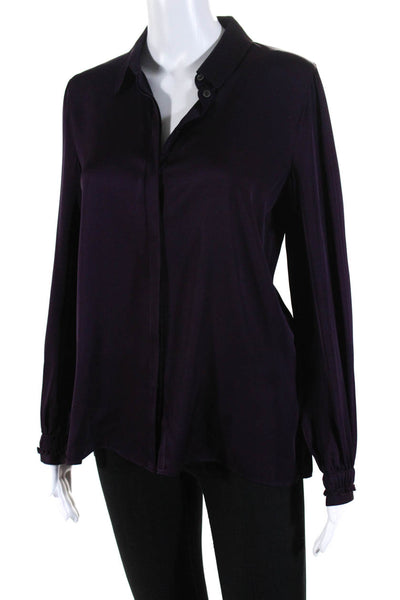 Kobi Halperin Women's Long Sleeve Ruffle Button Down Satin Blouse Purple Size XS