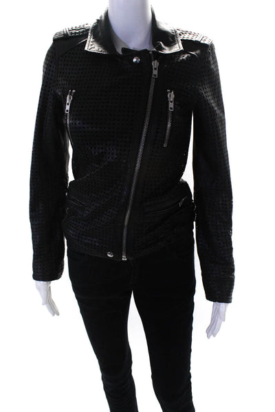IRO Womens Front Zip Collared Laser Cut Leather Motorcycle Jacket Black Size 0