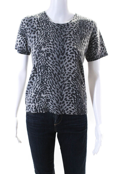 Neiman Marcus Women's Animal Print Short Sleeve Crewneck Sweater Gray Size M
