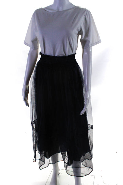 Christian Dior Womens Smocked Waistband Tulle Flared Midi Skirt Navy Blue Size 4