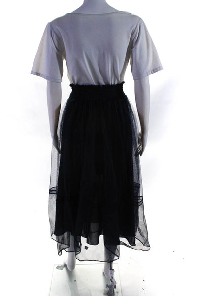 Christian Dior Womens Smocked Waistband Tulle Flared Midi Skirt Navy Blue Size 4