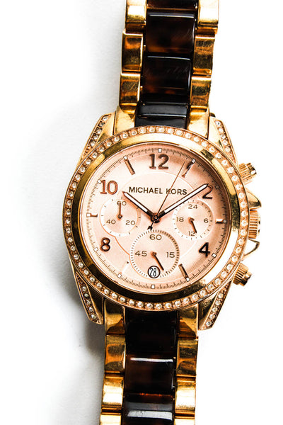 Michael Kors Womens Gold Tone Brown Stainless Steel Crystal Round Analog Watch