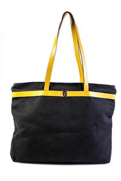 Ferragamo Womens Gold Tone Zip Top Leather Trim Tote Handbag Blue