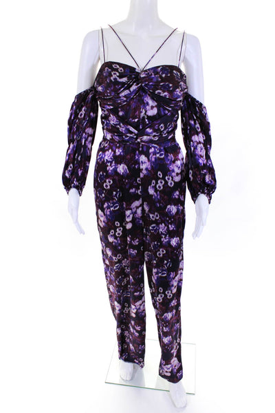 AMUR Women's Off Shoulder Floral Silk Jumpsuit Purple Size 4