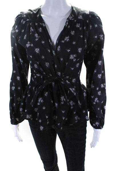 Warm Womens Long Sleeve Floral Wrap Top Blouse Gray White Size 0