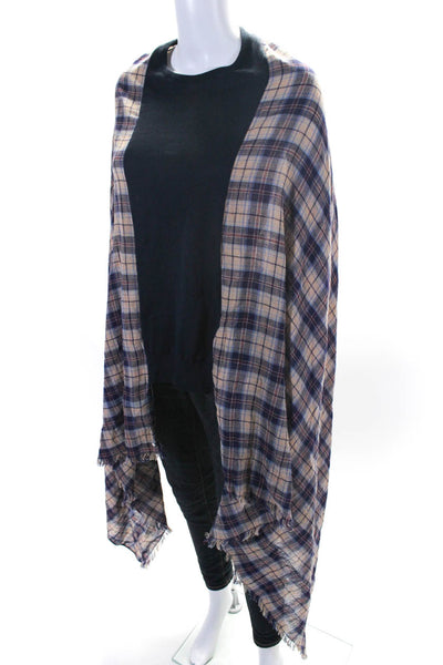 BLESS N°70 Womens Woven Plaid Knit Duster Crew Neck Poncho Navy Beige One Size