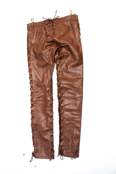 Petar Petrov Women's Mid Rise Lace Up Skinny Leather Pants Brown Size 36