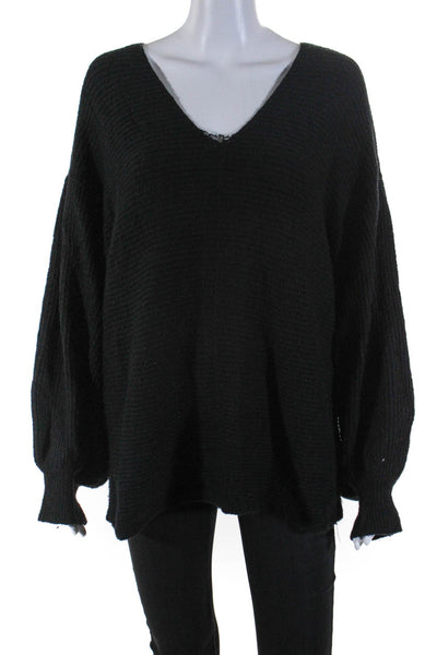 1 State Womens V Neck Solid Long Sleeve Cotton Sweater Black Size Medium