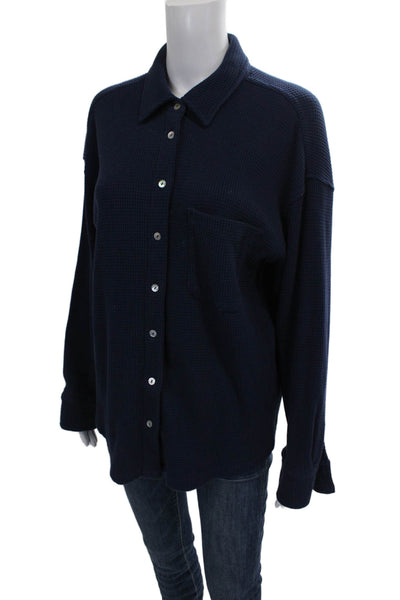Donni Women Long Sleeve Button-Up Collared Organic Cotton Blue Top Size S