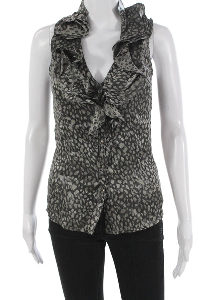 La Rok Women Silk Animal Print V-Neck Sleeveless Blouse Gray Size XS