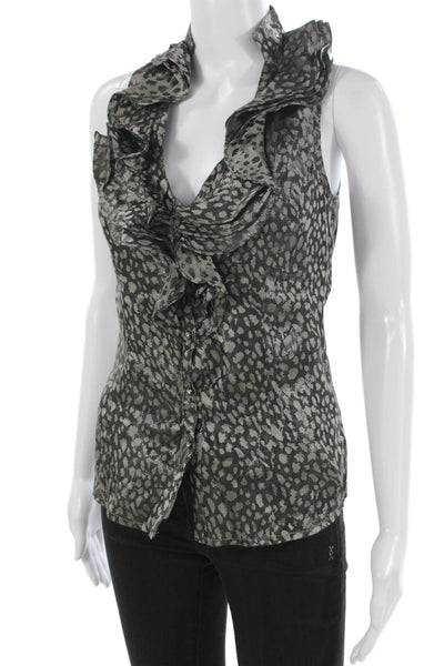 La Rok Women Silk Animal Print V-Neck Sleeveless Blouse Gray Size XS