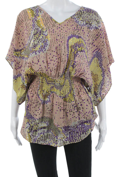 Parker Women Tunic Blouse Silk Multicolor V-Neck Short Sleeve Geometric Size XS