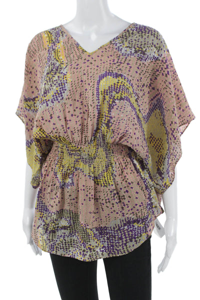 Parker Women Tunic Blouse Silk Multicolor V-Neck Short Sleeve Geometric Size XS