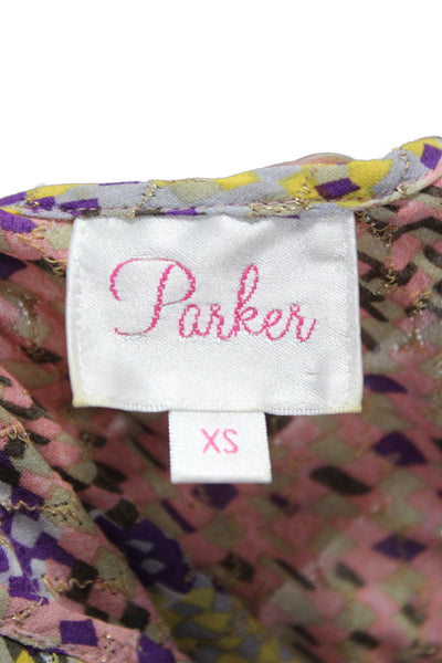 Parker Women Tunic Blouse Silk Multicolor V-Neck Short Sleeve Geometric Size XS